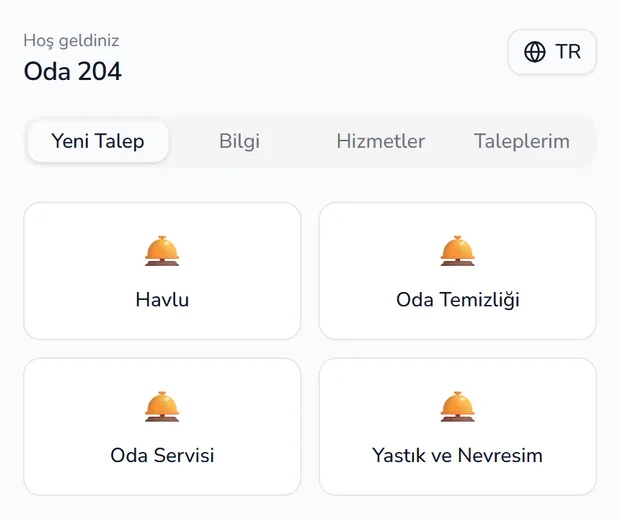 Guestta misafir ekranı, Oda 204 karşılama başlığı ve talep kategorileri.