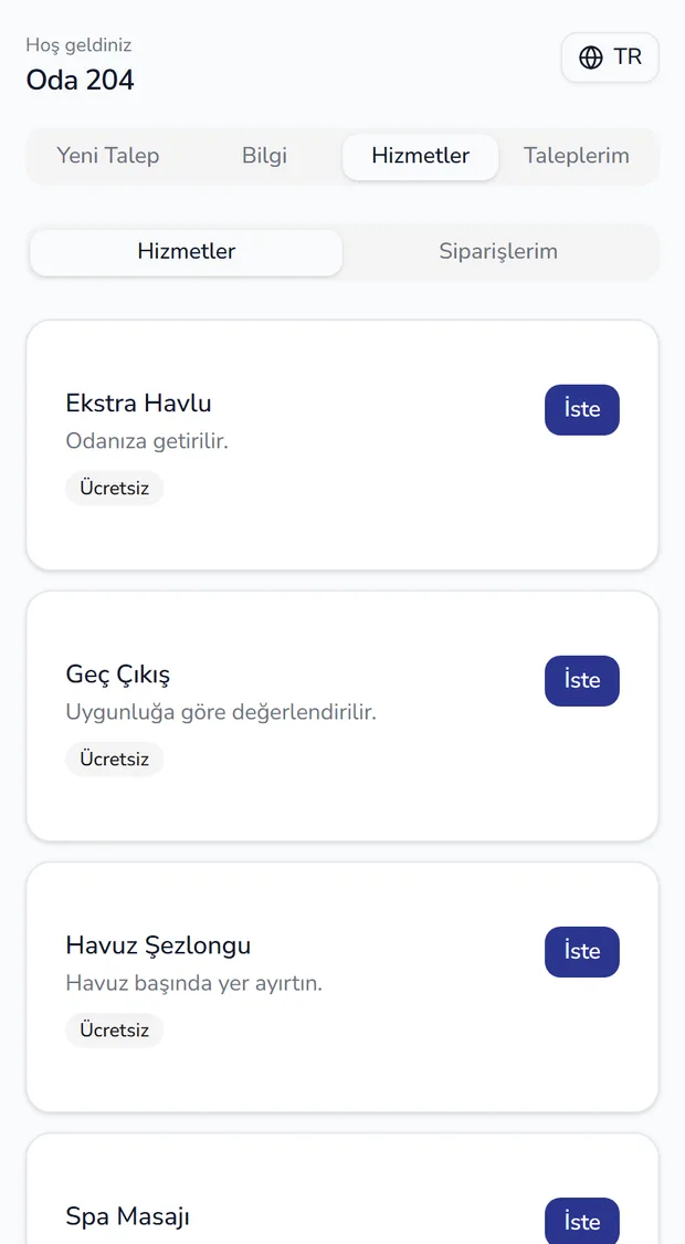 Guestta misafir ekranı: Oda 204 için hizmet listesi ve istek butonları.