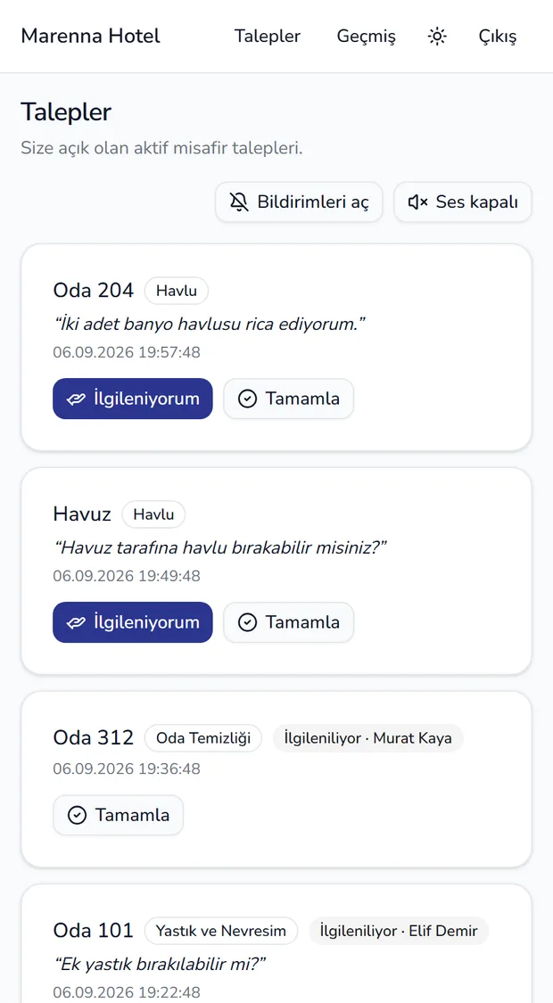 Guestta personel ekranı: Oda 204 ve havuzdan gelen havlu talepleri, üstlenilen ve tamamlanan talepler.